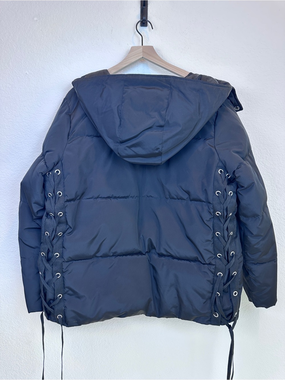 Express Black Puffer Jacket L Corset Lace Up Hooded Winter Coat